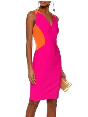 MUGLER Fuchsia and Orange Colorblock V-Neck Sheath Dress